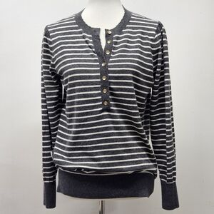 Loft Henley Pullover Striped Large Gray White Scalloped Collar LS Top Preppy